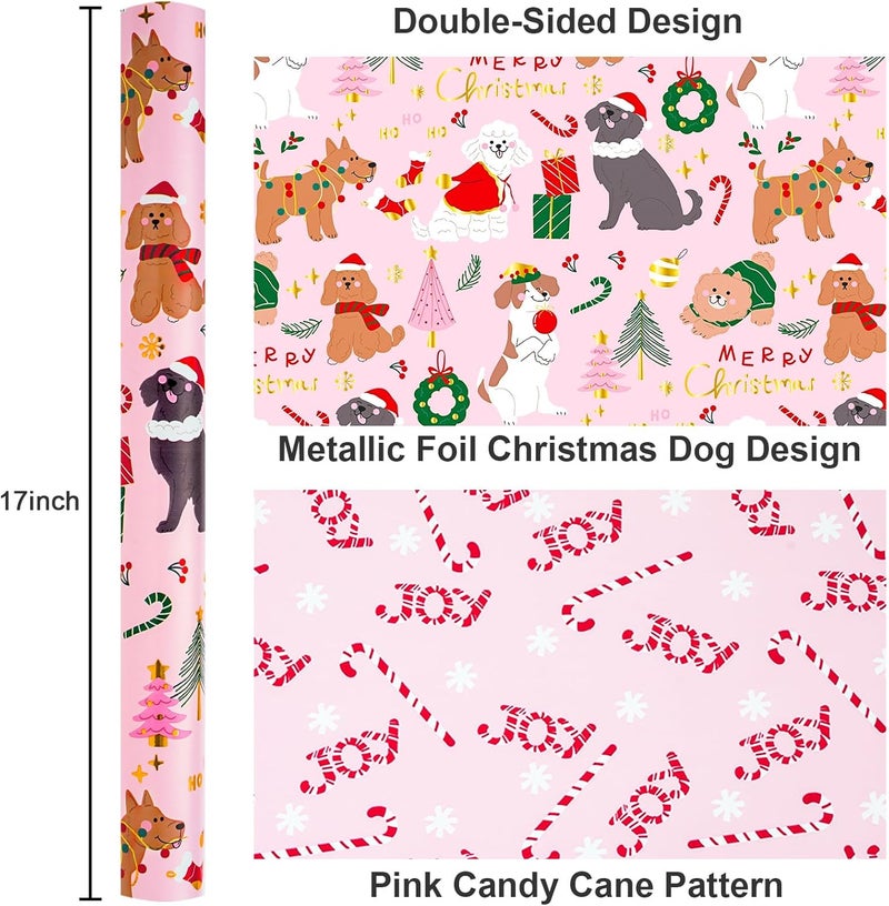 Yarcony Dog Christmas Wrapping Ppaper, Pink Wrapping Paper, Metallic Foil Pastel Cute Puppy, Candy Cane Pattern Christmas Gift Wrap for Winter Holiday, Little Girl Birthday (17 Inch X 33 Feet) - Image 3